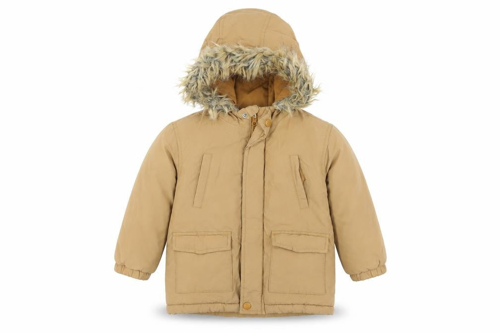 Front view of Mango boys’ beige parka coat 2-3 years hooded winter zip