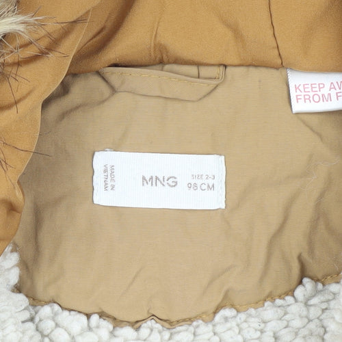 MNG Boys Beige Parka Coat 2-3 Years Hooded Winter Zip