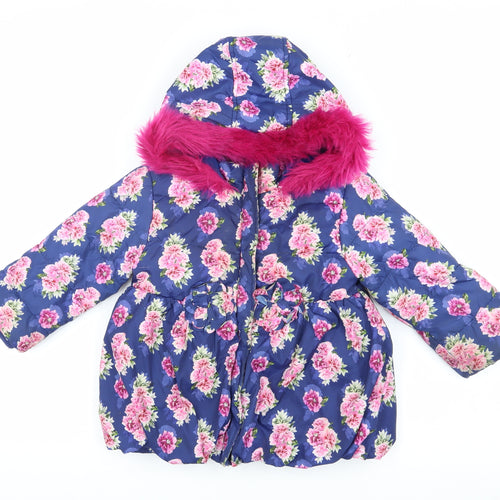 Monsoon Girls Blue Floral Puffer Coat 2-3 Years with Fur Trim