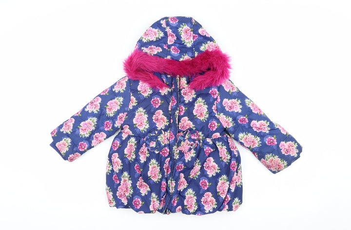 Monsoon Girls Blue Floral Puffer Coat 2-3 Years with Fur Trim