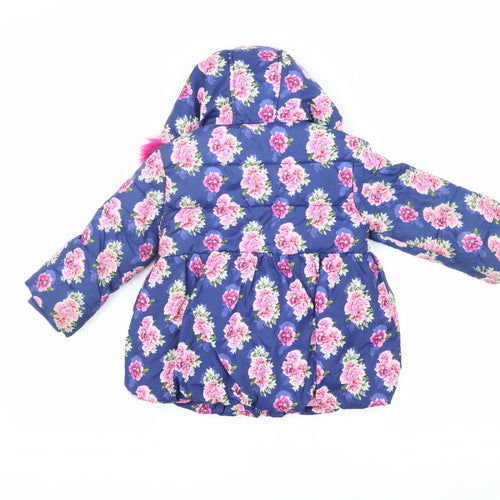 Monsoon Girls Blue Floral Puffer Coat 2-3 Years with Fur Trim