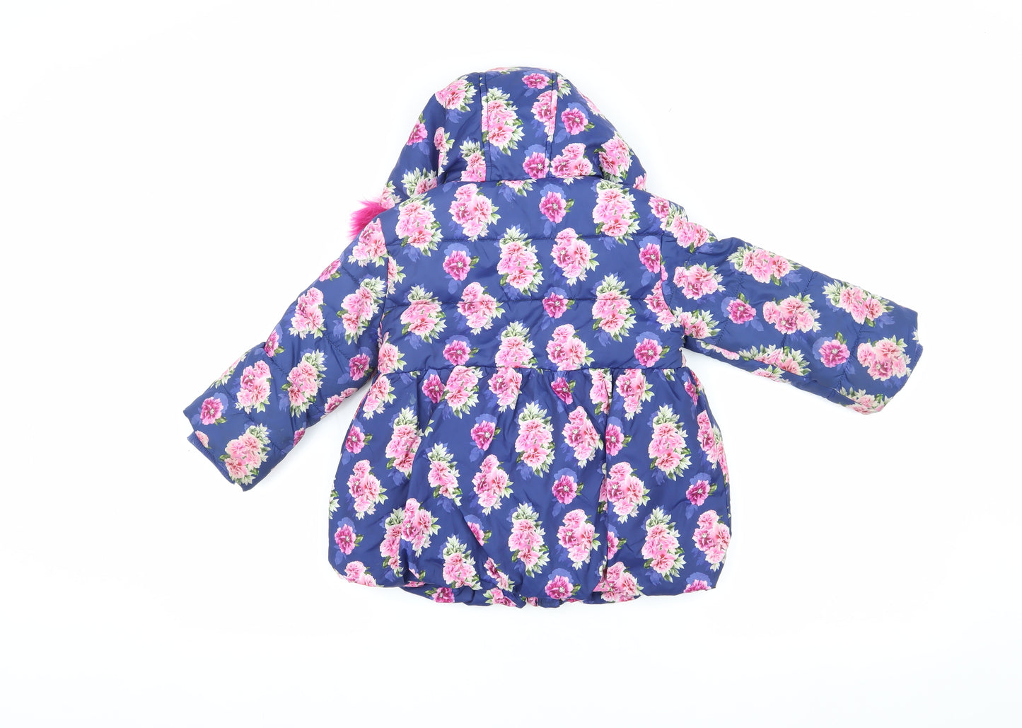 Monsoon Girls Blue Floral Puffer Coat 2-3 Years with Fur Trim