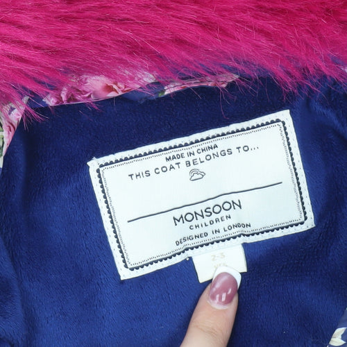 Monsoon Girls Blue Floral Puffer Coat 2-3 Years with Fur Trim