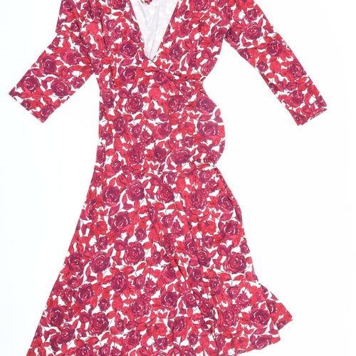 Karen Cole Women's Red Floral Wrap Midi Dress L