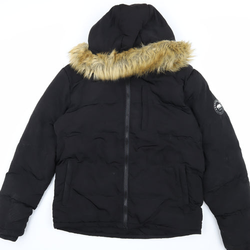 SoulCal & Co Men's Black Puffer Jacket M Hooded Fur Trim