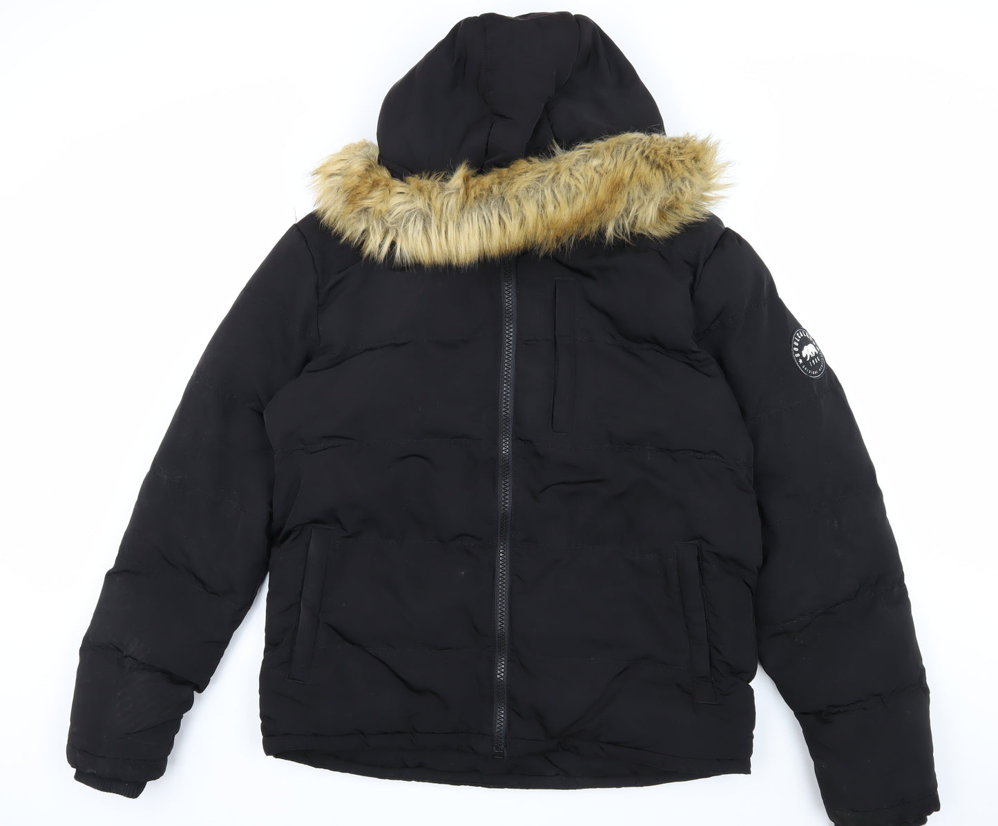 SoulCal & Co Men's Black Puffer Jacket M Hooded Fur Trim