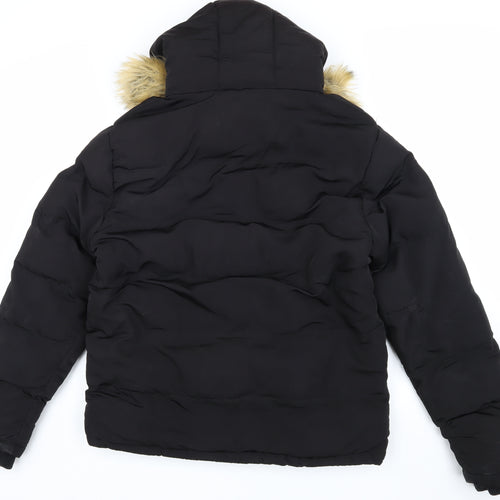 SoulCal & Co Men's Black Puffer Jacket M Hooded Fur Trim