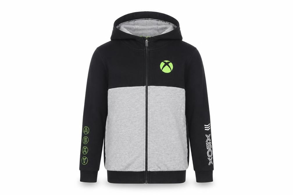 Front view of Xbox boys’ black grey hoodie jacket 13-14 gaming full zip