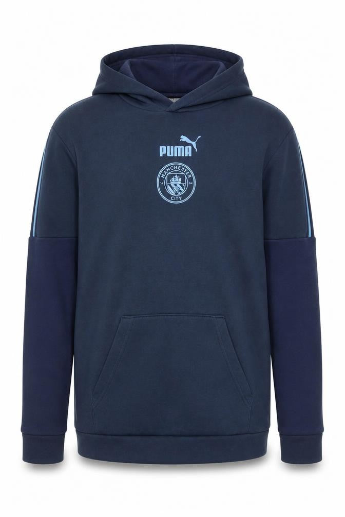Front view of Puma boys’ man city blue xl hoodie pullover graphic print