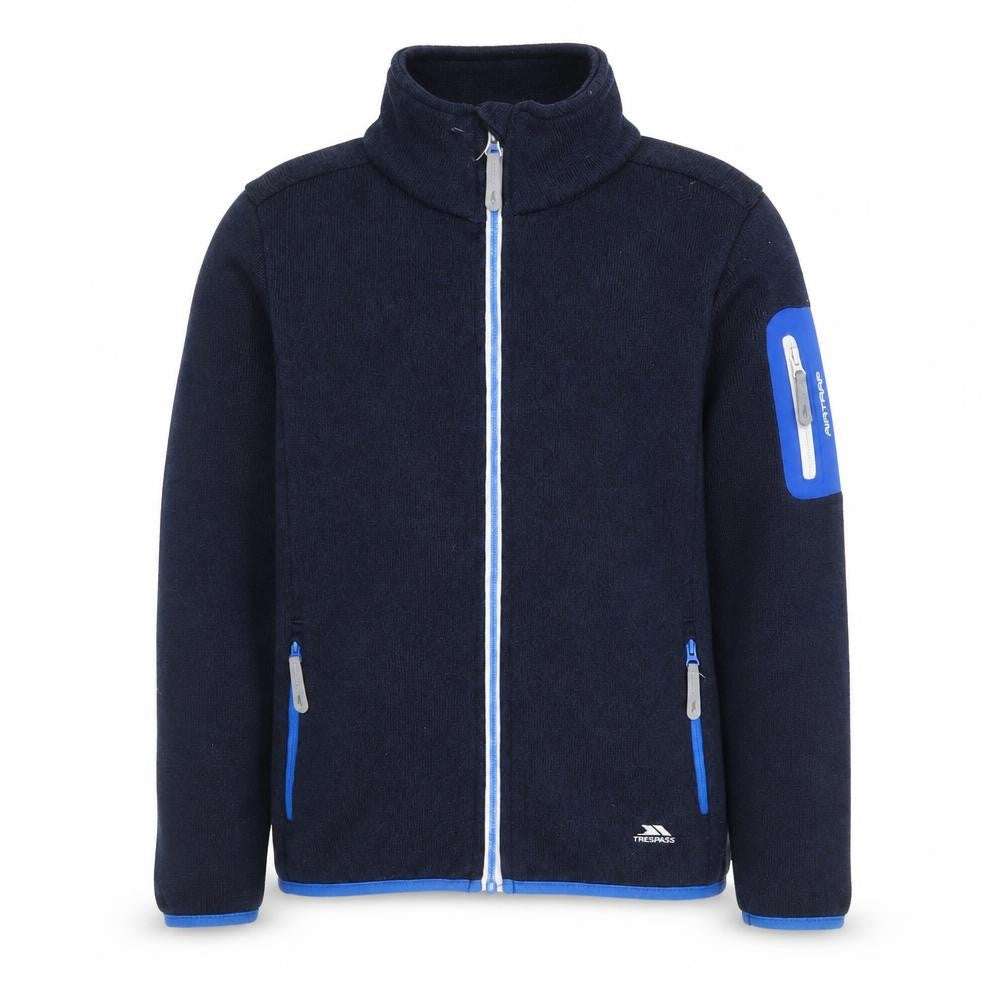 Front view of Trespass boys’ blue jacket, eco-friendly, 9-10 years