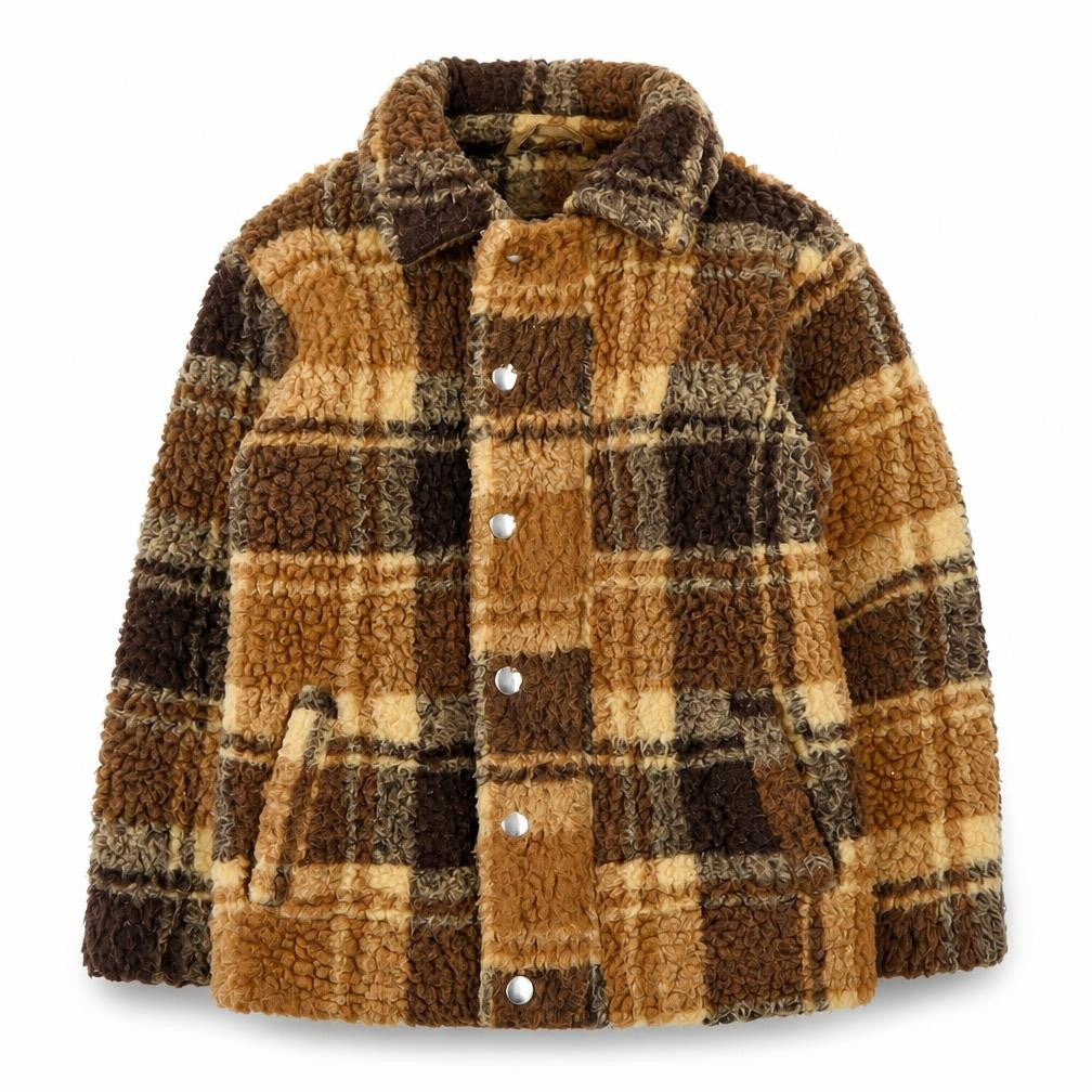 Front view of Tokyo Laundry boys’ brown plaid jacket 3-4 years