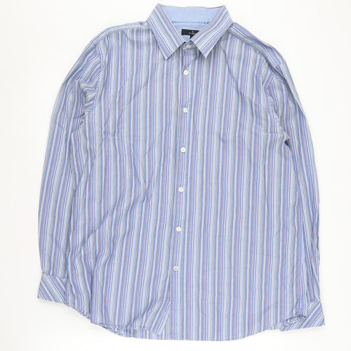 Jeff Banks Men's Blue Striped Button-Up Shirt L