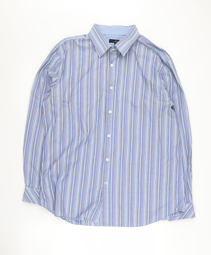Jeff Banks Men's Blue Striped Button-Up Shirt L