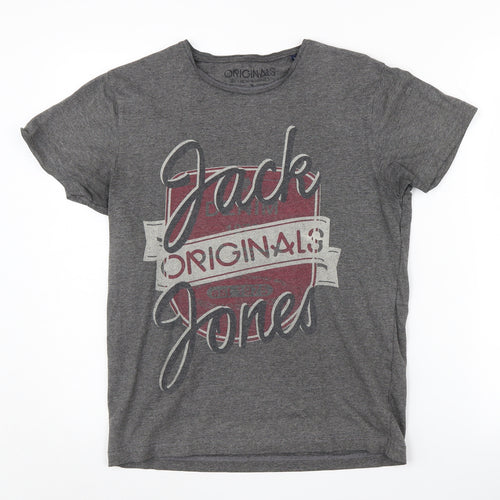 Jack & Jones Men's Grey Graphic T-Shirt, S, Short Sleeve