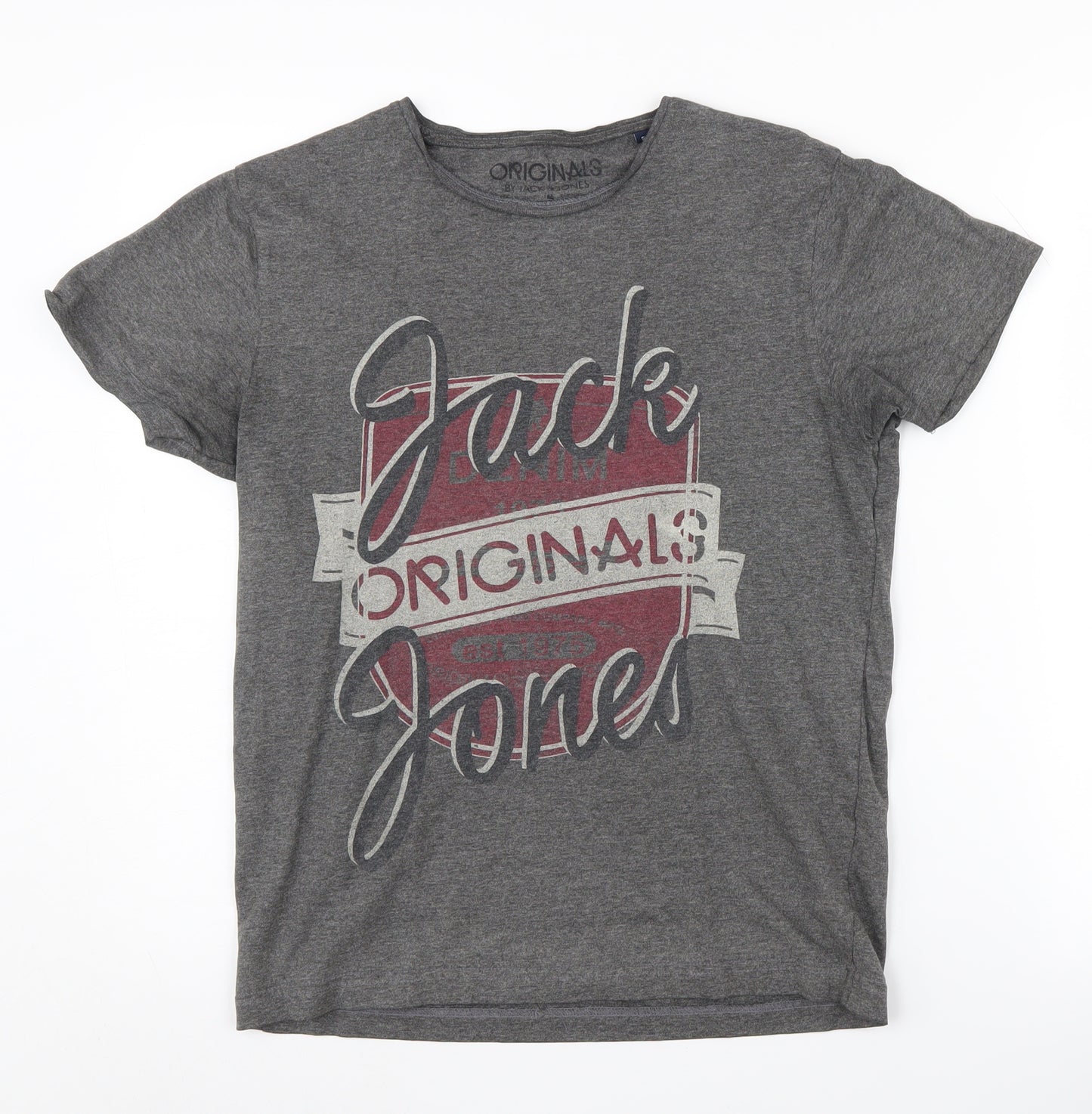 Jack & Jones Men's Grey Graphic T-Shirt, S, Short Sleeve