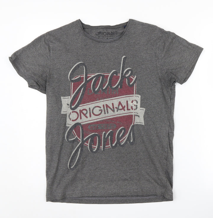 Jack & Jones Men's Grey Graphic T-Shirt, S, Short Sleeve