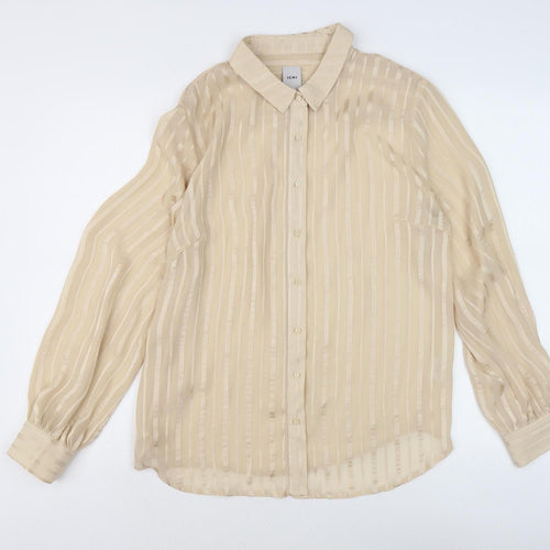ICHI Women's Beige Striped Button-Up Shirt L