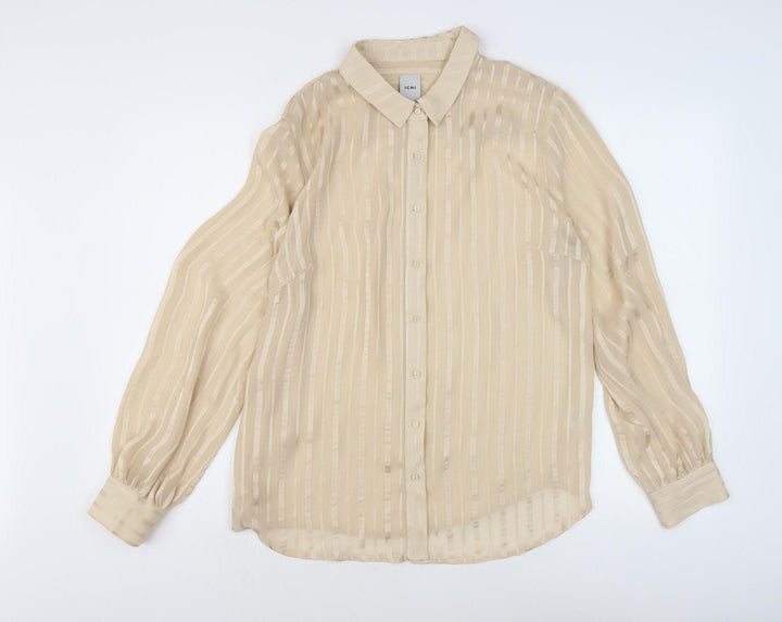ICHI Women's Beige Striped Button-Up Shirt L