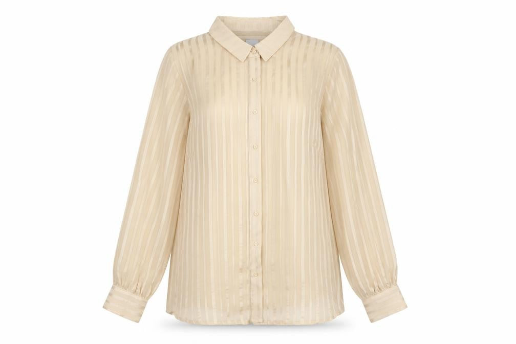 Front view of ICHI Women's Beige Striped Button-Up Shirt L