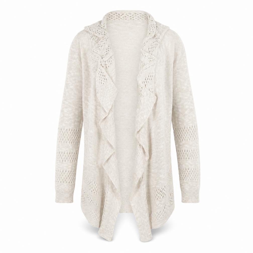 Front view of Emoi Women's Ivory XL Open-Knit Ruffle Open Front Cardigan