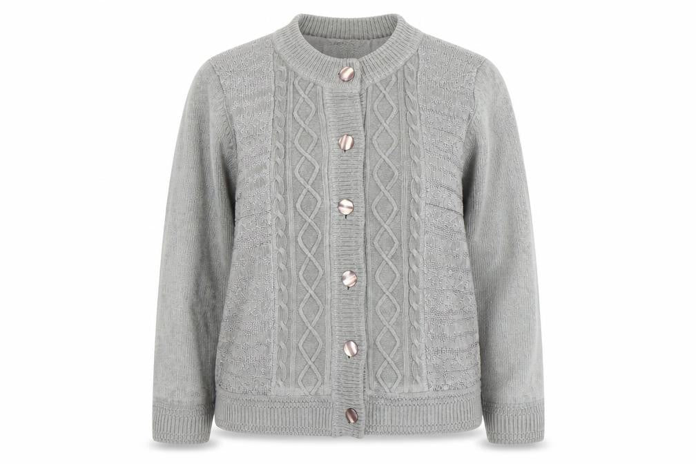 Front view of Reflect Women's Grey Cable-Knit Cardigan, size L