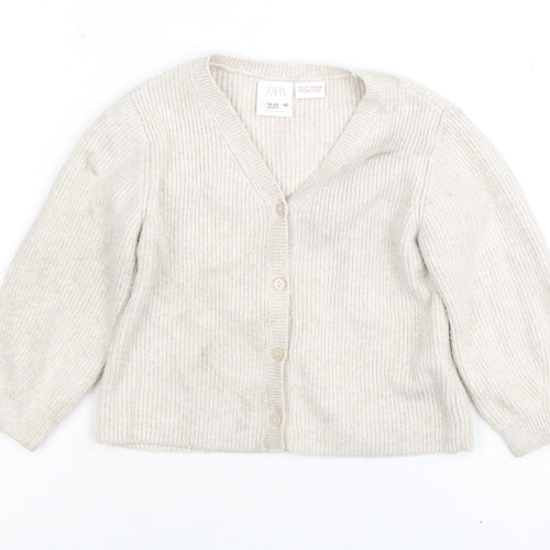 Zara Unisex Baby Beige Cardigan 18-24 Months Knit Cotton Blend