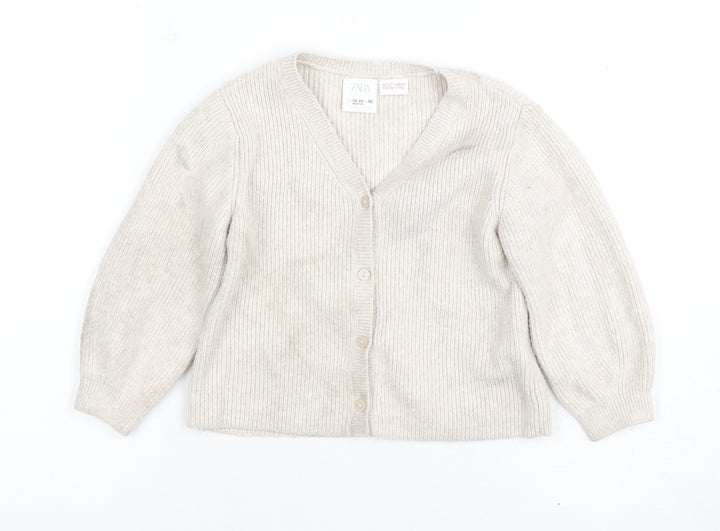 Zara Unisex Baby Beige Cardigan 18-24 Months Knit Cotton Blend