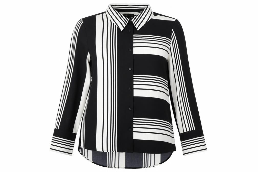 Front view of For All the Love Women's Black & White Striped Button-Up Shirt