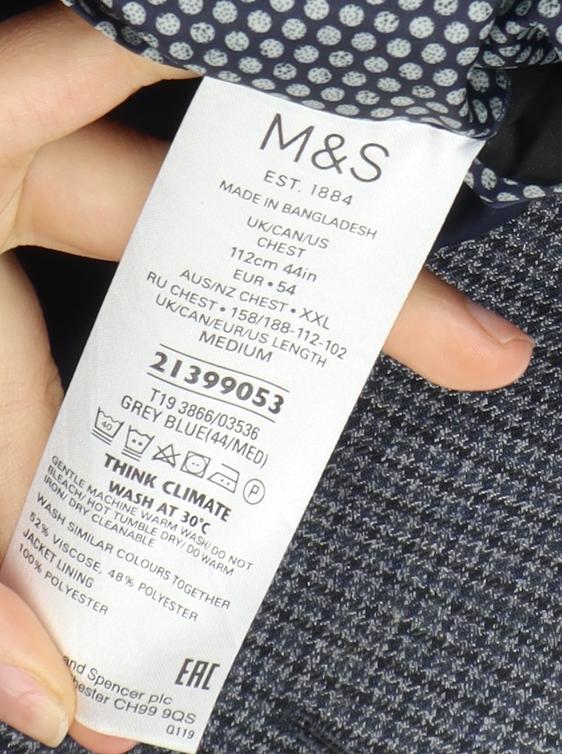 Marks and Spencer Men's Grey Blue Check Blazer 44R