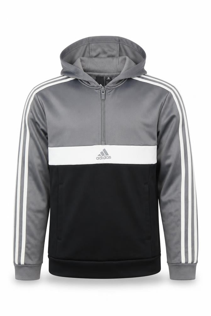 Front view of Adidas boys’ grey and black pullover hoodie, m