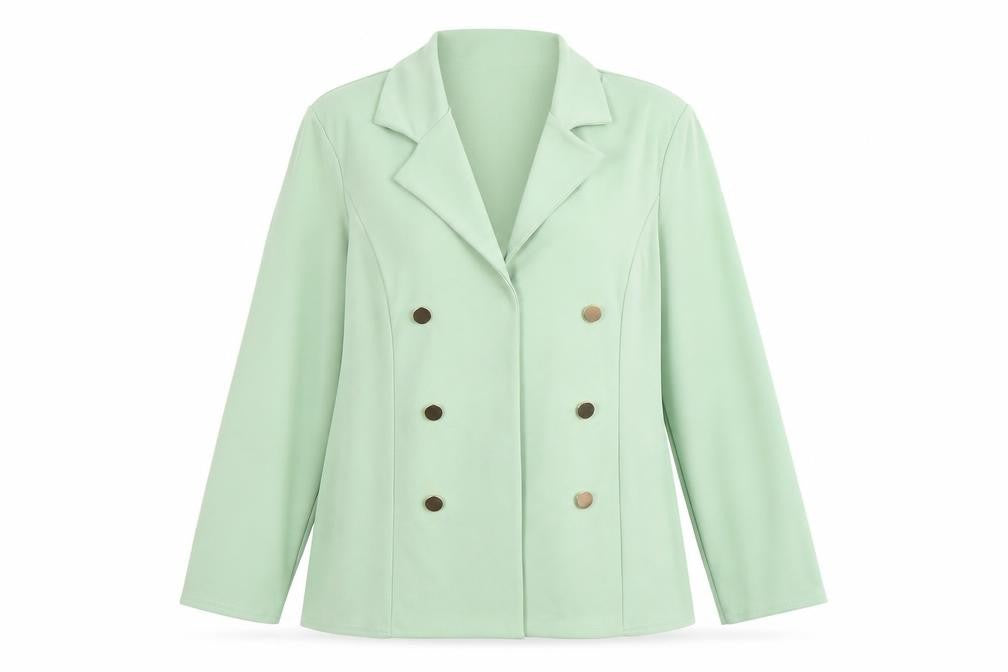 Front view of Quiz Women's Green Double-Breasted Blazer, size 14