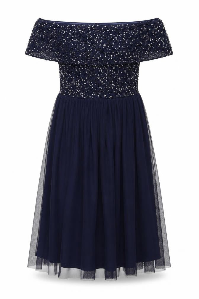 Front view of Roman Women's Blue A-Line Sequin Long Dress