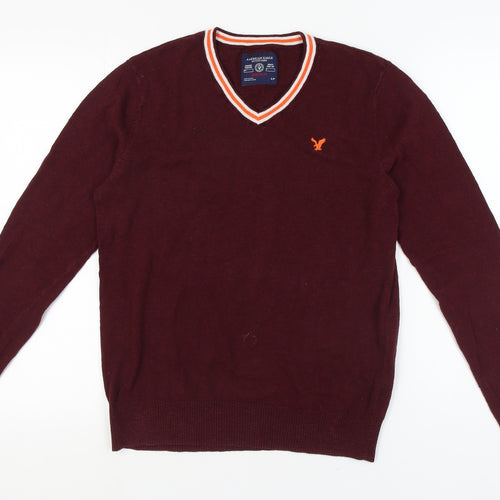 American Eagle Men's Red V-Neck Pullover Jumper S