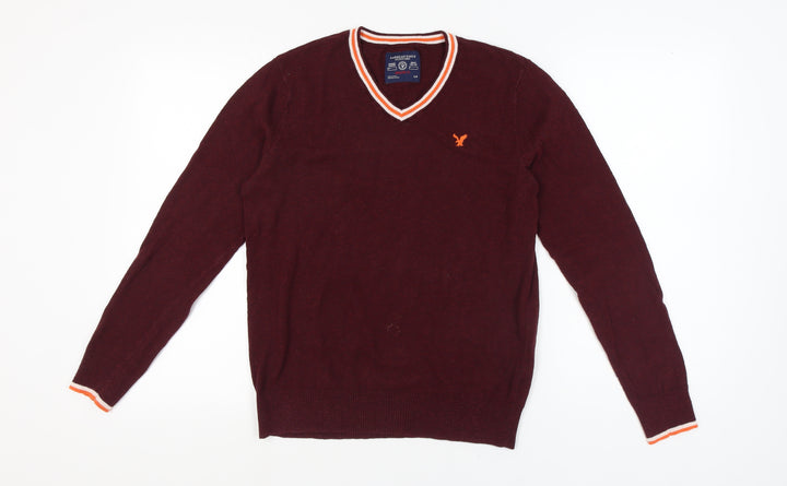 American Eagle Men's Red V-Neck Pullover Jumper S