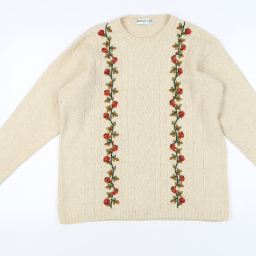 Jumper Women's Beige Wool Cable-Knit Floral Pullover L