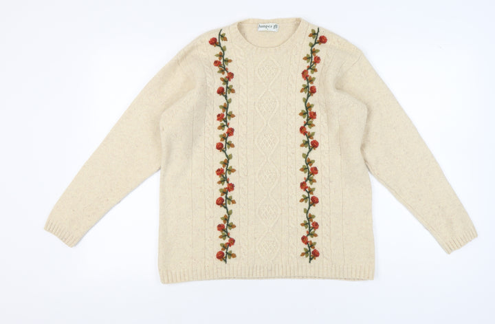 Jumper Women's Beige Wool Cable-Knit Floral Pullover L
