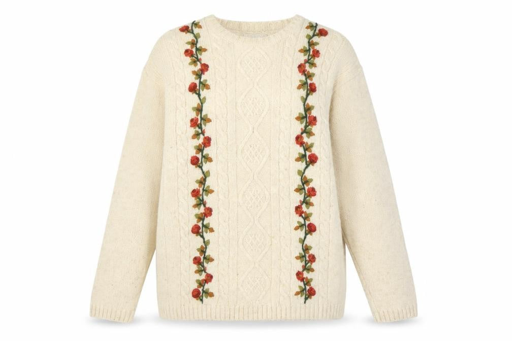 Front view of Jumper Women's Beige Wool Cable-Knit Floral Pullover L