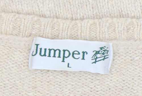 Jumper Women's Beige Wool Cable-Knit Floral Pullover L