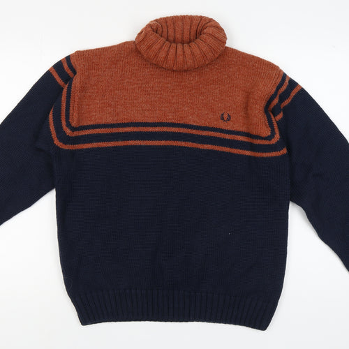 Fred Perry Men's Blue Brown Roll Neck Pullover Jumper M