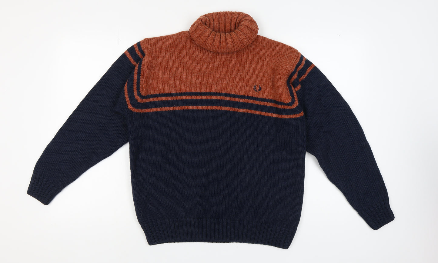 Fred Perry Men's Blue Brown Roll Neck Pullover Jumper M