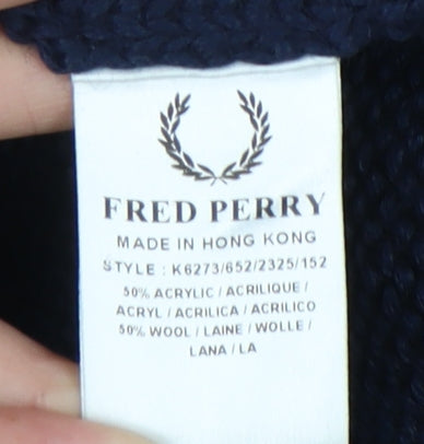 Fred Perry Men's Blue Brown Roll Neck Pullover Jumper M