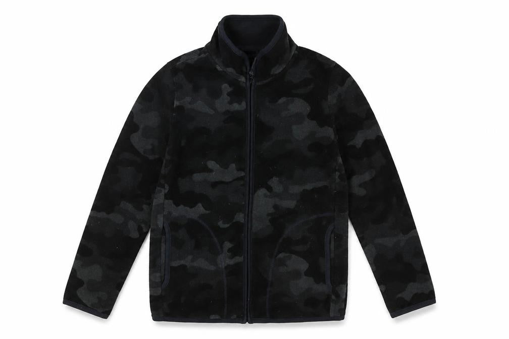 Front view of Uniqlo boys’ black camouflage zip jacket, size 12, years
