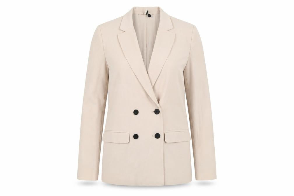 Front view of Topshop Women's Beige Double-Breasted Blazer, size 10