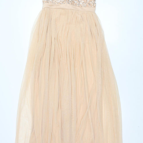 Maya Deluxe Women's Beige Long A-Line Sequin Dress