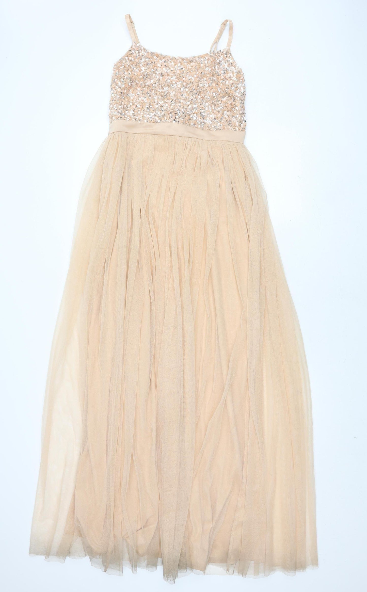 Maya Deluxe Women's Beige Long A-Line Sequin Dress