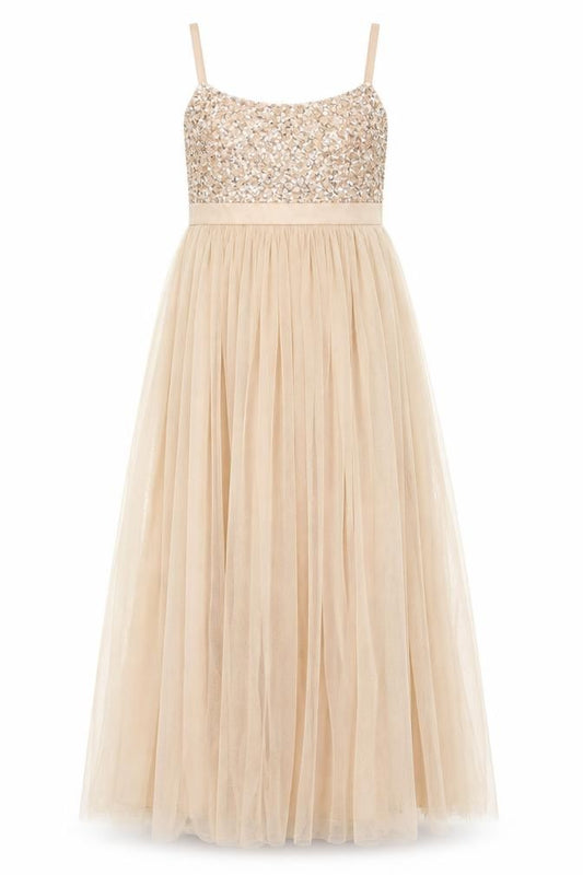 Maya Deluxe Women's Beige Long A-Line Sequin Dress