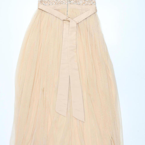 Maya Deluxe Women's Beige Long A-Line Sequin Dress