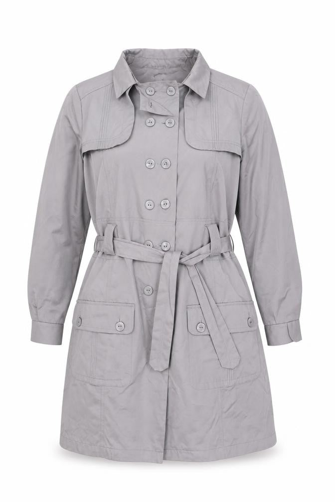 Front view of Blanco Women's Grey Trench Coat, size 14, Belted Classic