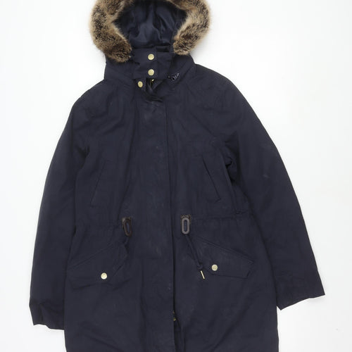 Joules Women's Blue Parka Coat, Size 10, with Fur Trim