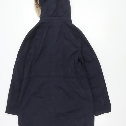 Joules Women's Blue Parka Coat, Size 10, with Fur Trim